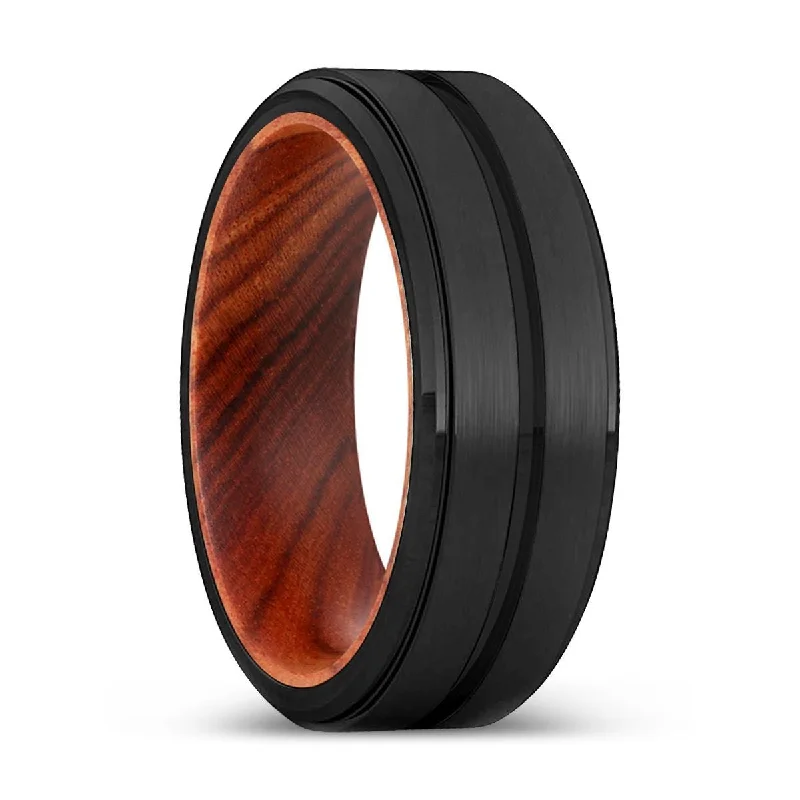 AVERY | Iron Wood, Black Tungsten Ring, Grooved, Stepped Edge