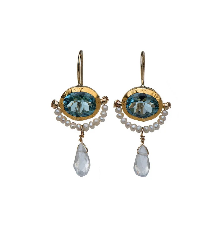 Silver Circle Earrings-Nava Zahavi Yellow Gold Blue Topaz and Pearl Earrings