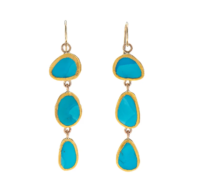 Antique Silver Earrings-Nava Zahavi Yellow Gold Triple Turquoise Drop Earrings