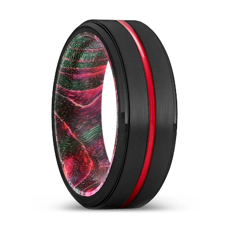 RUSTY | Green & Red Wood, Black Tungsten Ring, Red Groove, Stepped Edge