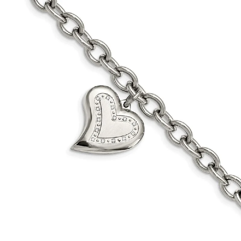 Luxury Gold Bracelet-Stainless Steel CZ Heart Charm Fancy 7.5in Bracelet