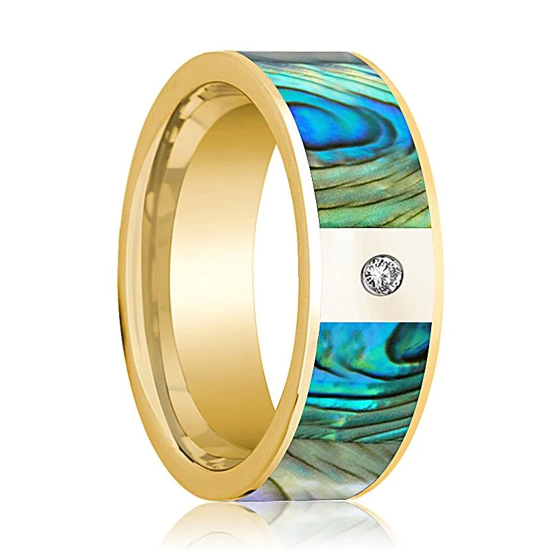 Men's 14k Yellow Gold Flat Wedding Band with Mother of Pearl Inlay and White Diamond Setting