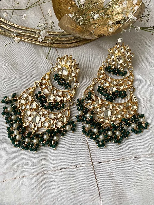 Silver Ear Cuffs-Green Color Gold Plated Jadau Kundan Earrings - ME778Y