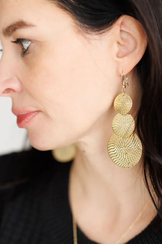 Bold Statement Earrings-Beautiful Gold Disc Drop Earrings