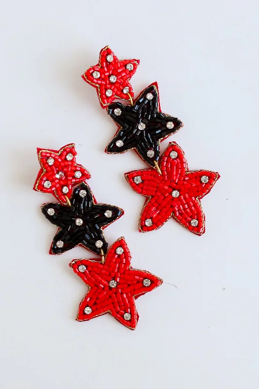 Artistic Earrings-Red + Black Beaded Star Drop Earrings