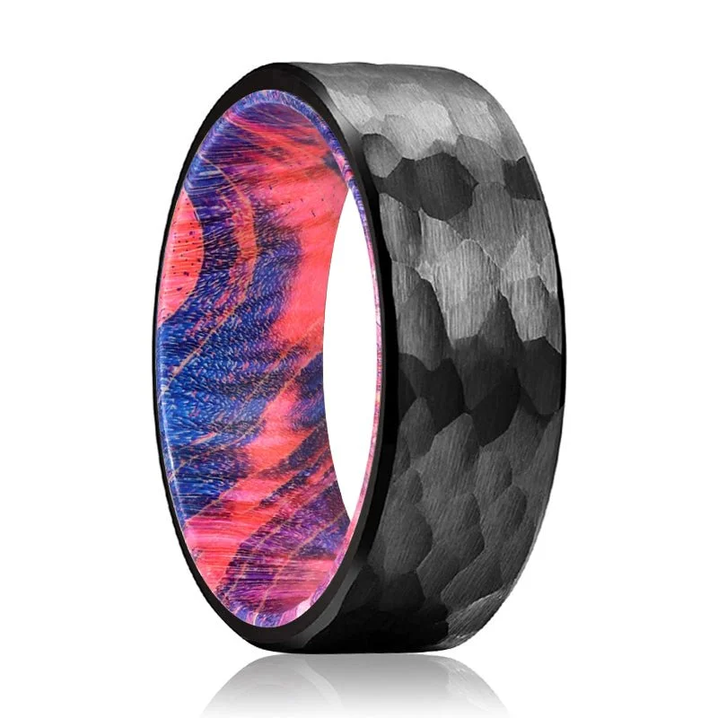 JUMBLE | Blue and Red Wood, Black Tungsten Ring, Hammered, Flat