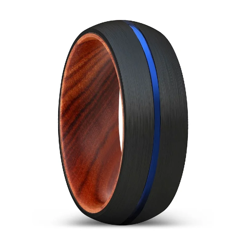 HARVEY | IRON Wood, Black Tungsten Ring, Blue Groove, Domed