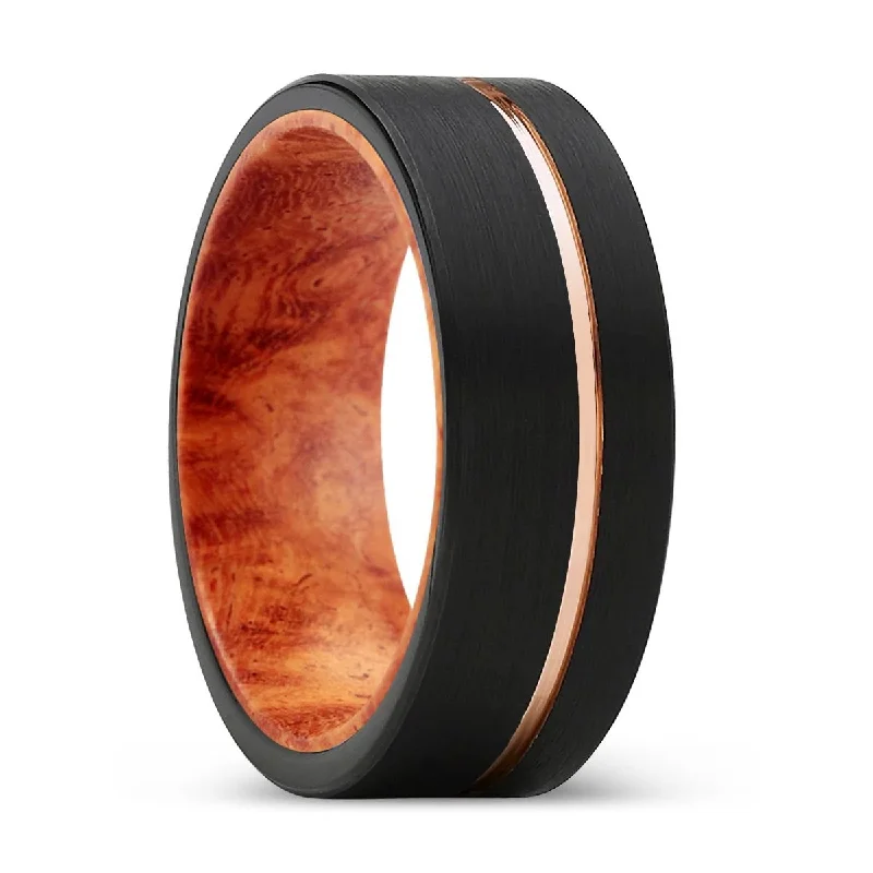 SPIRE | Red Burl Wood, Black Tungsten Ring, Rose Gold Offset Groove, Brushed, Flat