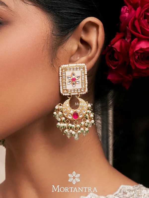 Sterling Silver Earrings-Pink Color Gold Plated Thappa Jadau Kundan Earrings - TJ-E26WP