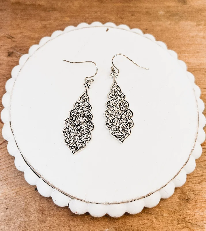 Double Drop Earrings-Beautiful Ornate Silver Drop Earrings