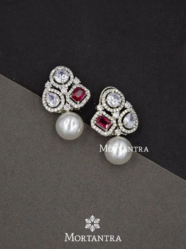 Ethnic Style Earrings-Pink Color Silver Plated Faux Diamond Earrings - CZEAR391P