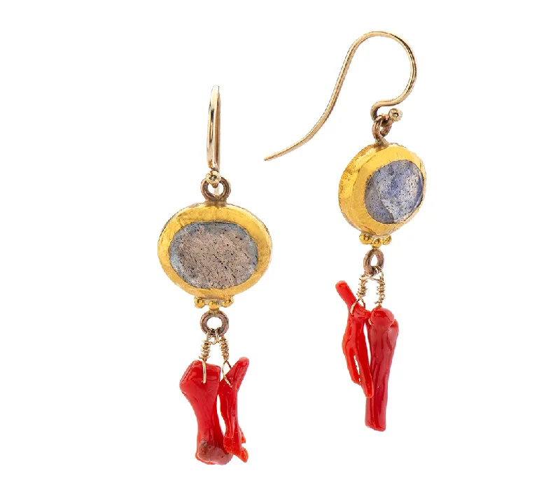 Unique Dangle Hoop Earrings-Nava Zahavi Yellow Gold Labradorite and Coral Earrings