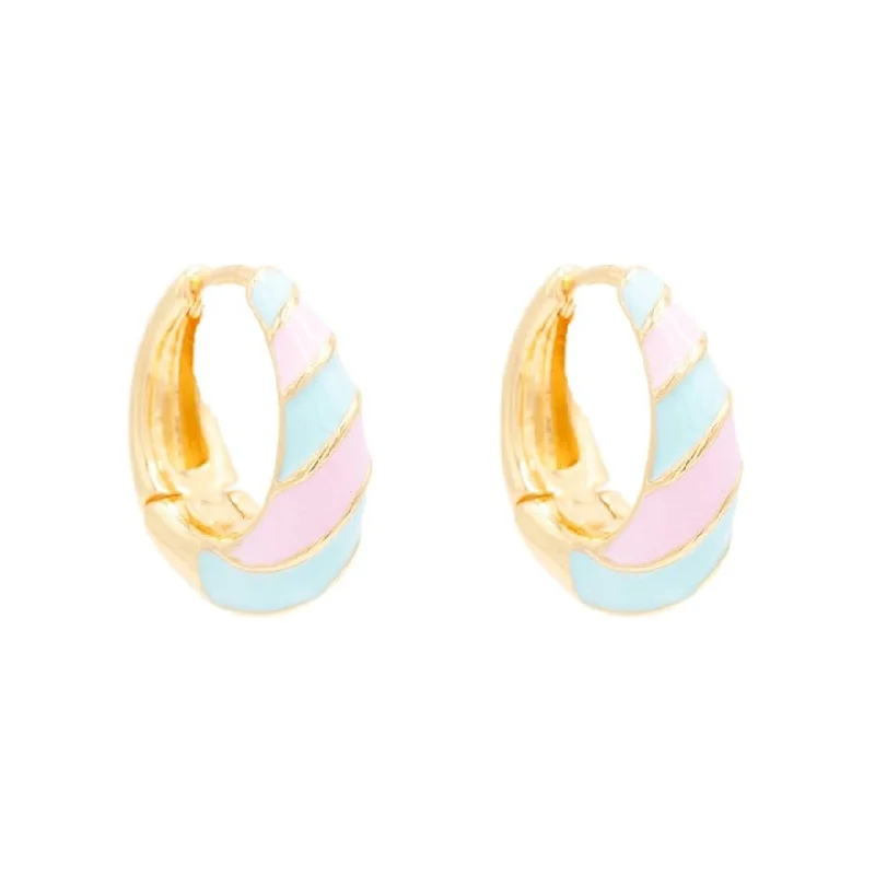 Crystal Drop Earrings-Pink and Blue Stripe Enamel Huggie Hoop Earring