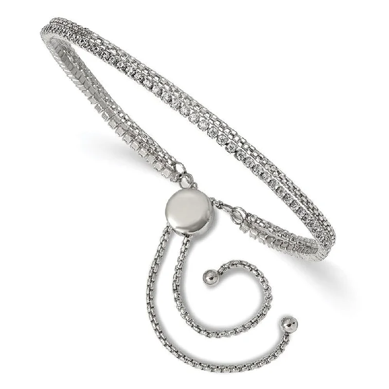 Silver Link Bracelet-Stainless Steel Polished with CZ 2 Strand Adjustable Bracelet