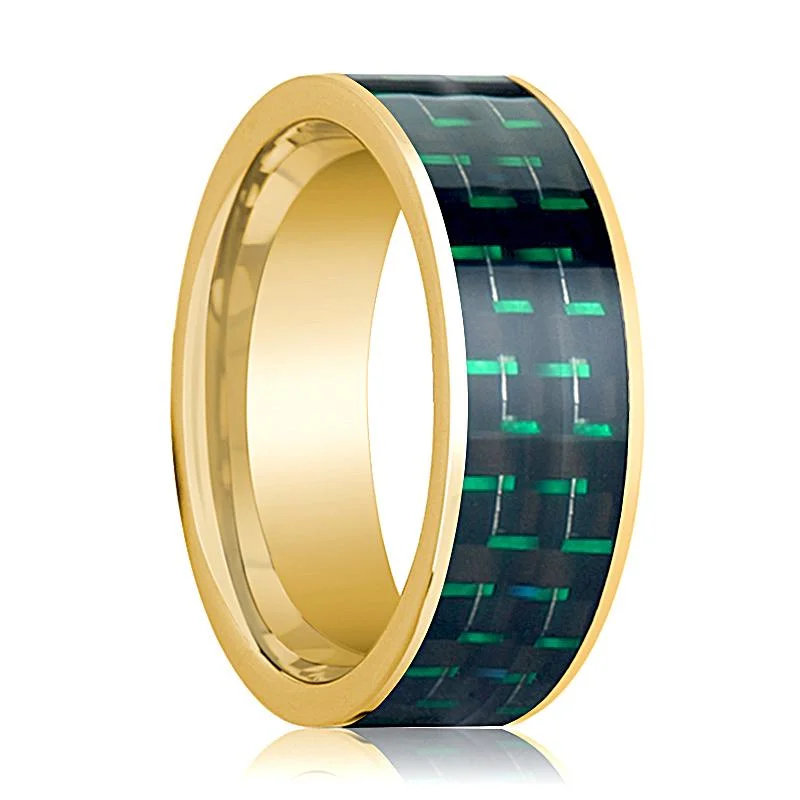 Black and Greene Carbon Fiber Inlaid Flat 14k Yellow Gold Men's Wedding Band Polished - 8MM