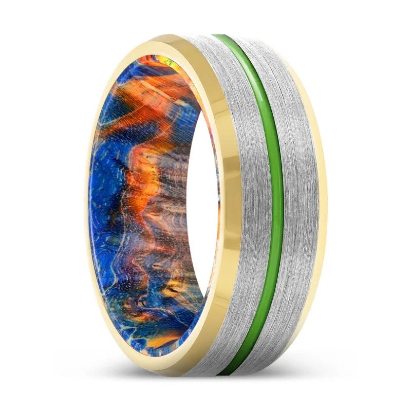 LODICO | Blue & Yellow/Orange Wood, Silver Tungsten Ring, Green Groove, Gold Beveled Edge