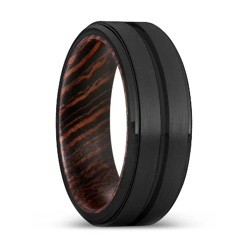 GATES | Wenge Wood, Black Tungsten Ring, Grooved, Stepped Edge