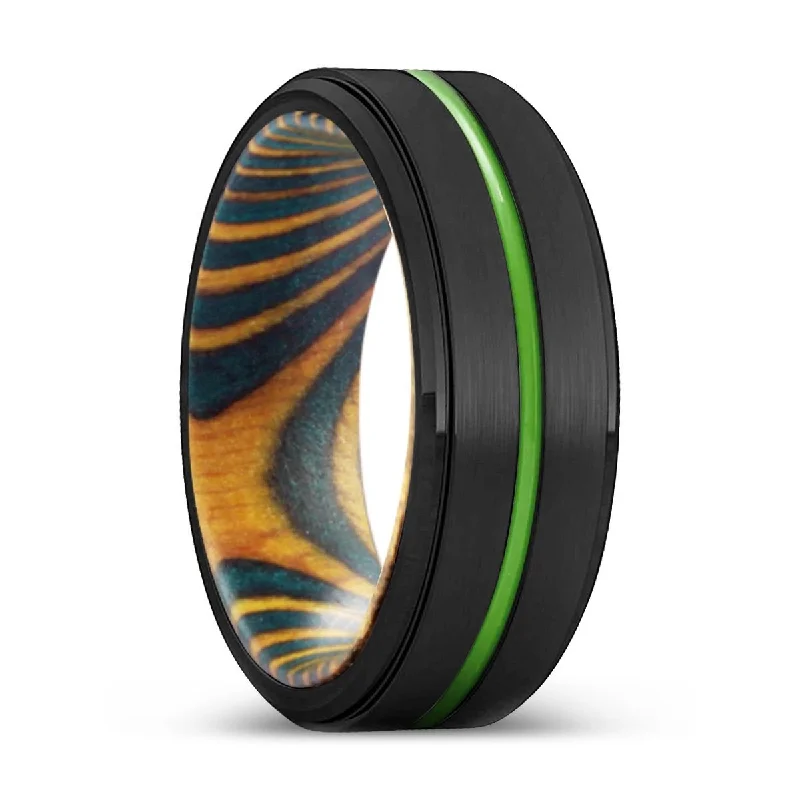 PONOMA | Green & Yellow Wood, Black Tungsten Ring, Green Groove, Stepped Edge