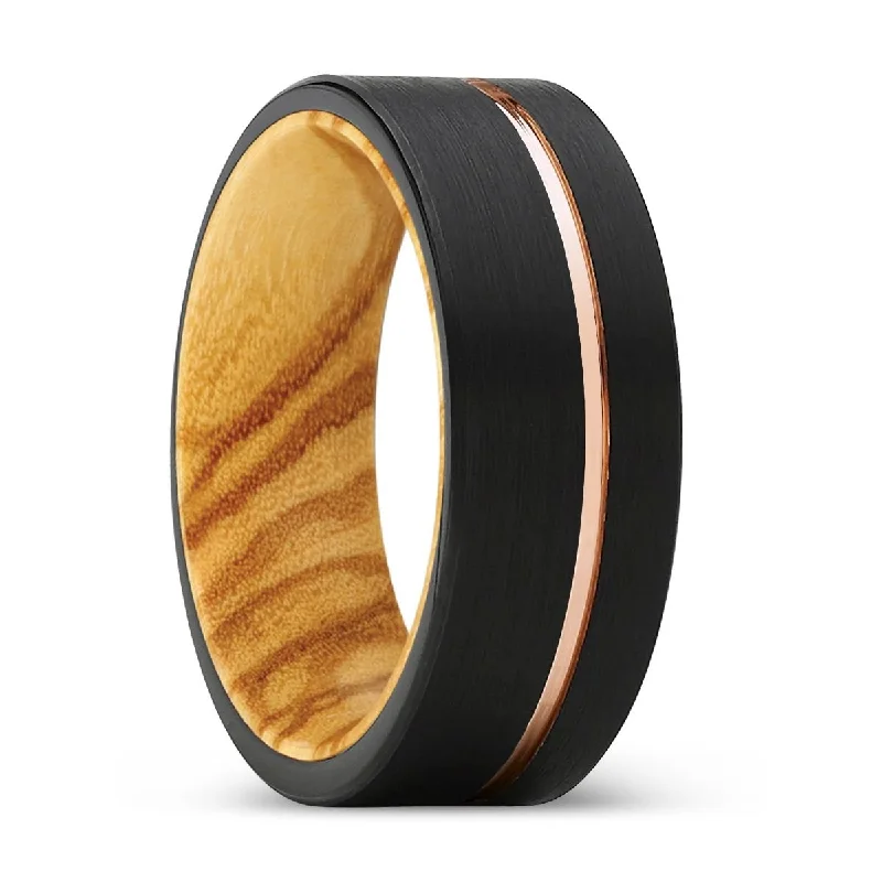 UTOPIA | Olive Wood, Black Tungsten Ring, Rose Gold Offset Groove, Brushed, Flat