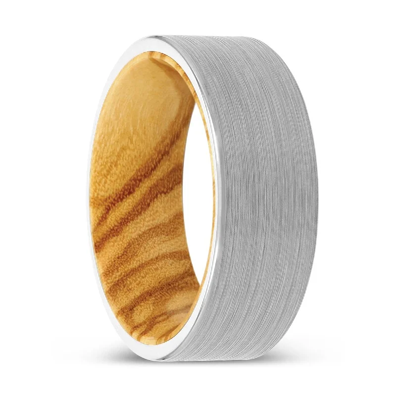 AMANI | Olive Wood, White Tungsten Ring, Brushed, Flat