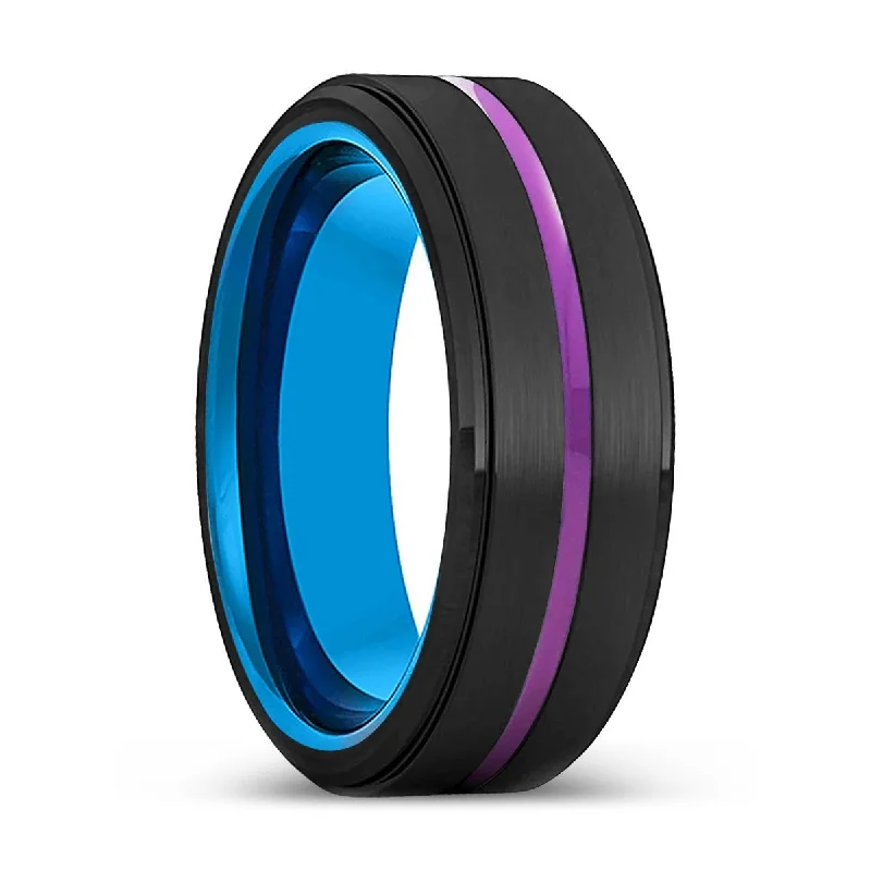 ALBURY | Blue Tungsten Ring, Black Tungsten Ring, Purple Groove, Stepped Edge