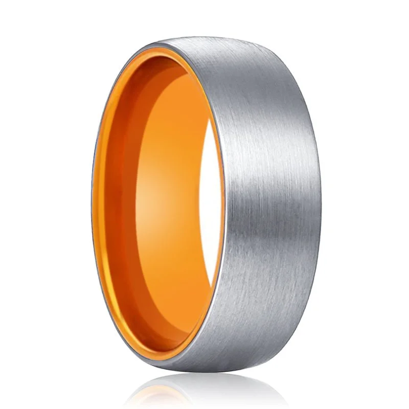 PORSCHE | Orange Ring, Silver Tungsten Ring, Brushed, Domed