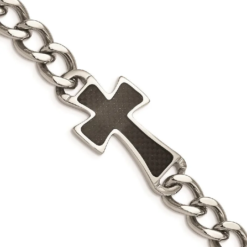 Double Bracelet Set-Stainless Steel Polished Black Carbon Fiber Inlay Cross 8.5in Bracelet