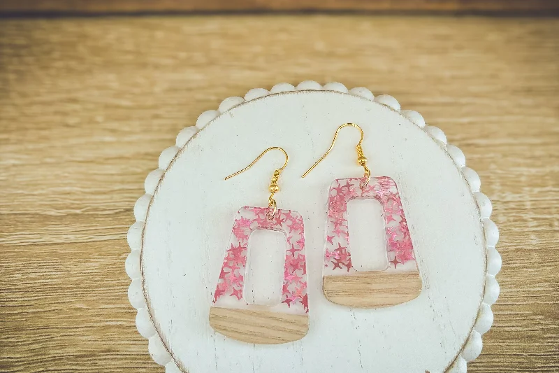 Tiny Stud Earrings-Beautiful Wood and Pink Fleck Resin Earrings