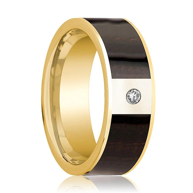 Men's Ebony Wood Inlaid 14k Gold Wedding Ring with White Diamond in Center - 8MM