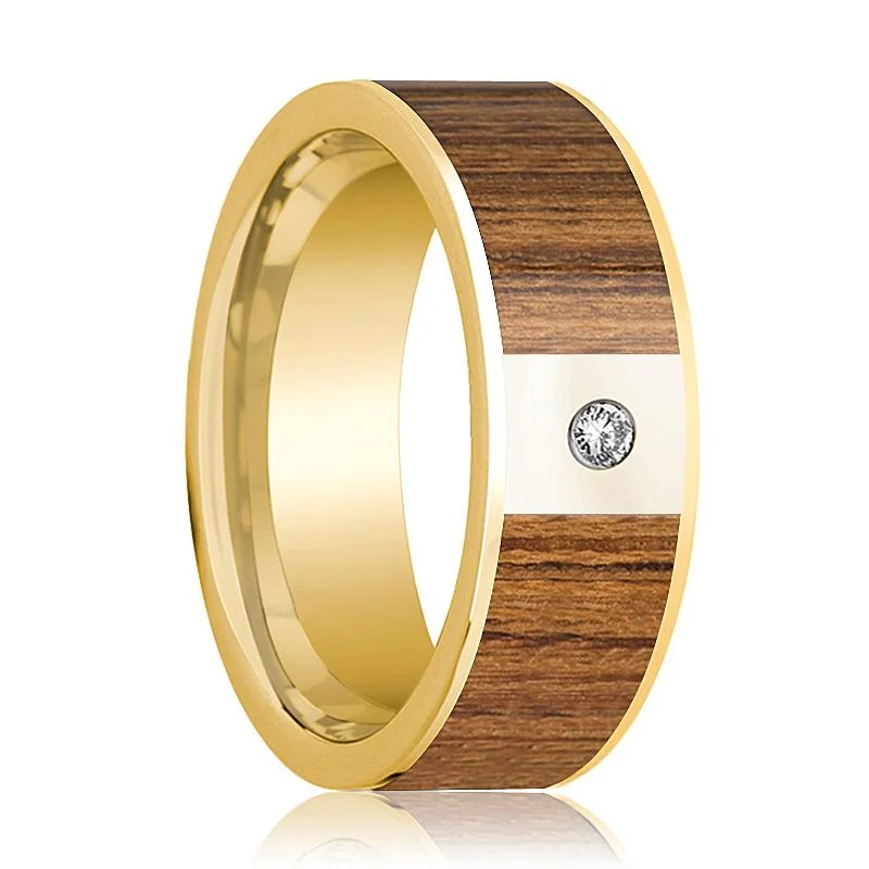 White Diamond & 14k Gold Wedding Band for Men with Teak Wood Inlay - 8MM