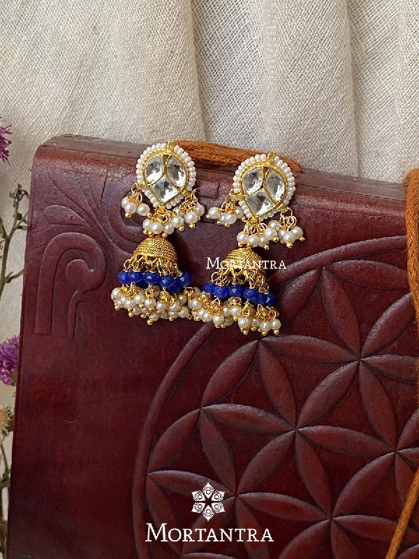 Wedding Earrings-Blue Color Gold Plated Jadau Kundan Earrings - ME985W