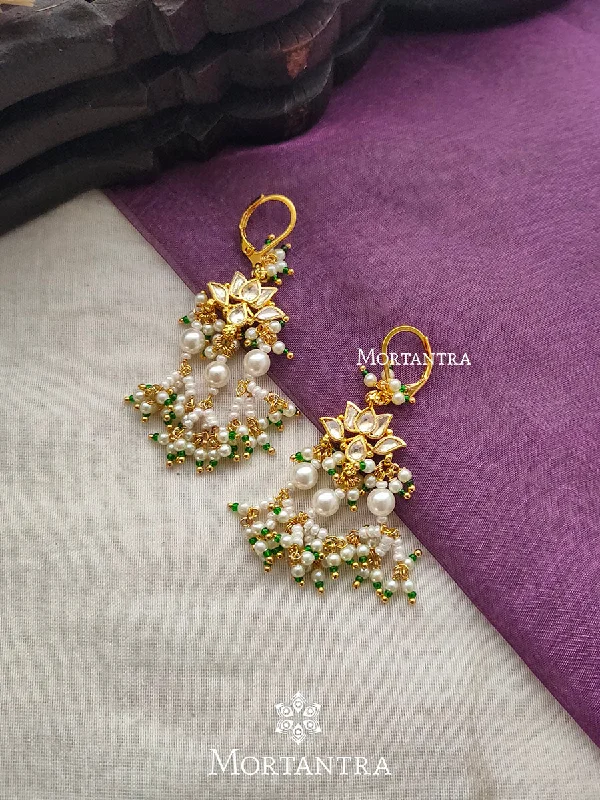 Pearl Hoop Earrings-Green Color Gold Plated Jadau Kundan Earrings - ME910Y