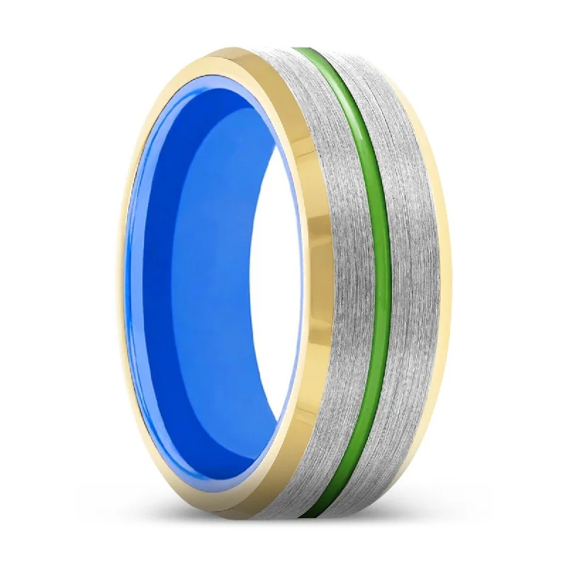 WARDEN | Blue Ring, Silver Tungsten Ring, Green Groove, Gold Beveled Edge