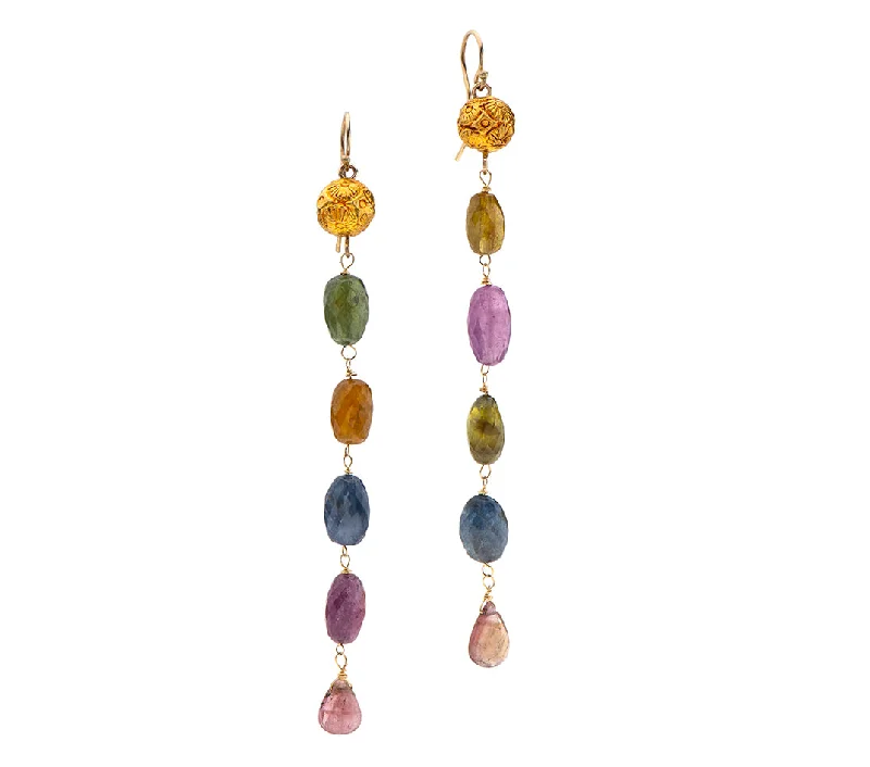 Colorful Tassel Earrings-Nava Zahavi Yellow Gold Colorful Dangling Tourmaline Earrings