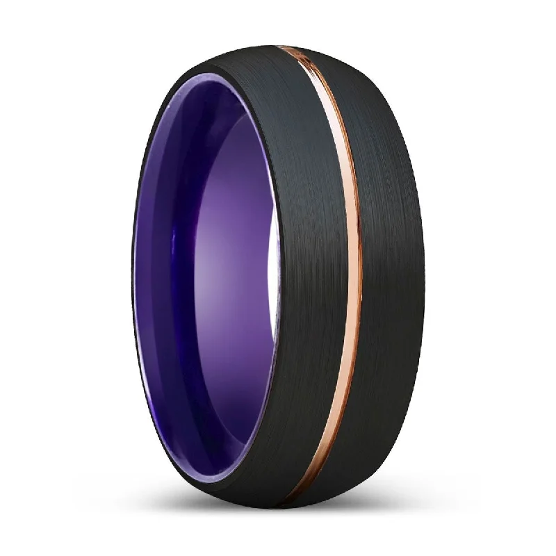 VINTAGE | Purple Ring, Black Tungsten Ring, Rose Gold Groove, Domed