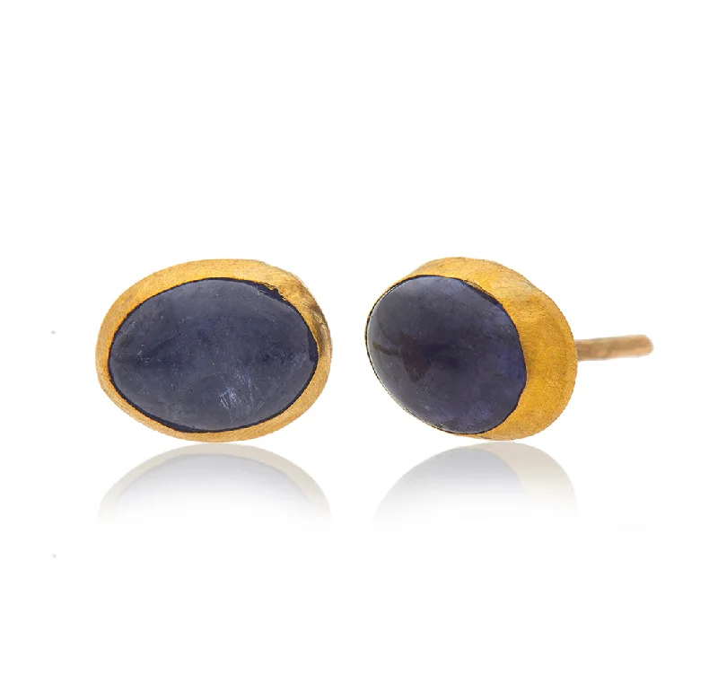 Bold Gold Earrings-Nava Zahavi Yellow Gold Oval Tanzanite Blue Stud Earrings