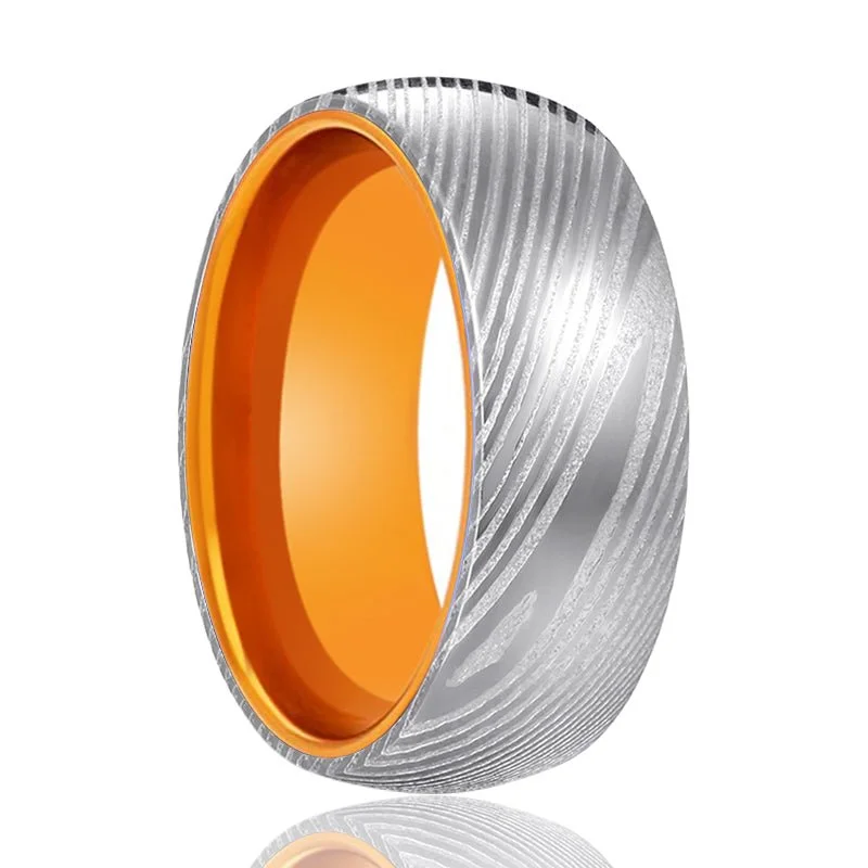 MANDRIN | Orange Ring, Silver Damascus Steel, Domed