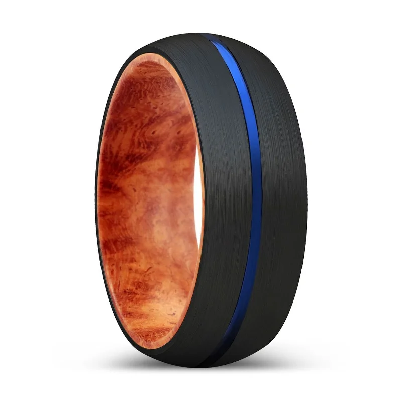 ALFRED | Red Burl Wood, Black Tungsten Ring, Blue Groove, Domed