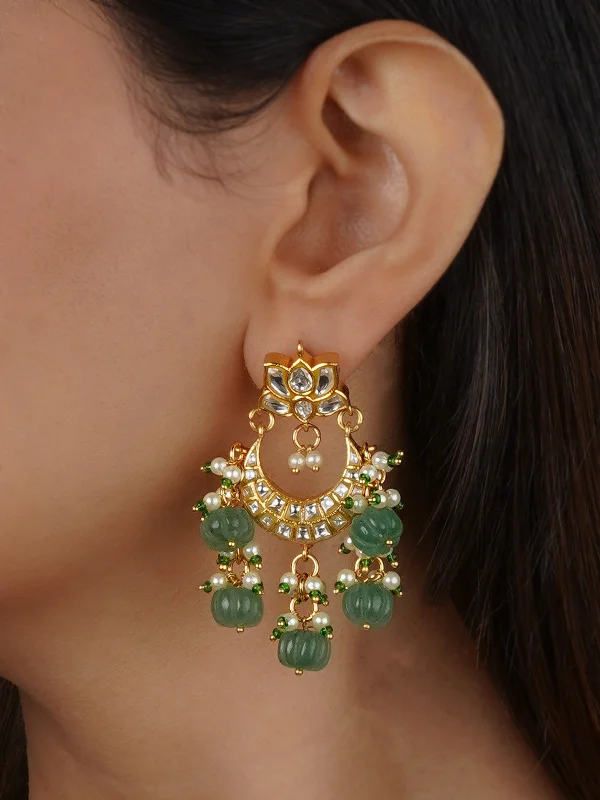 Boho Feather Earrings-Green Color Gold Plated Thappa Jadau Kundan Earrings - TJ-E37