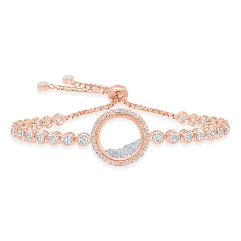 Classic Leather Bracelet-Sterling Silver RG Floating White CZ in a Disc Bezel-Set Bracelet