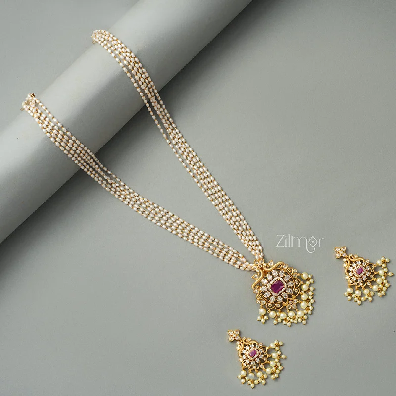 Luxury Heart Necklace-SN1011330 -  Antique Pearl Long Necklace Earrings Set