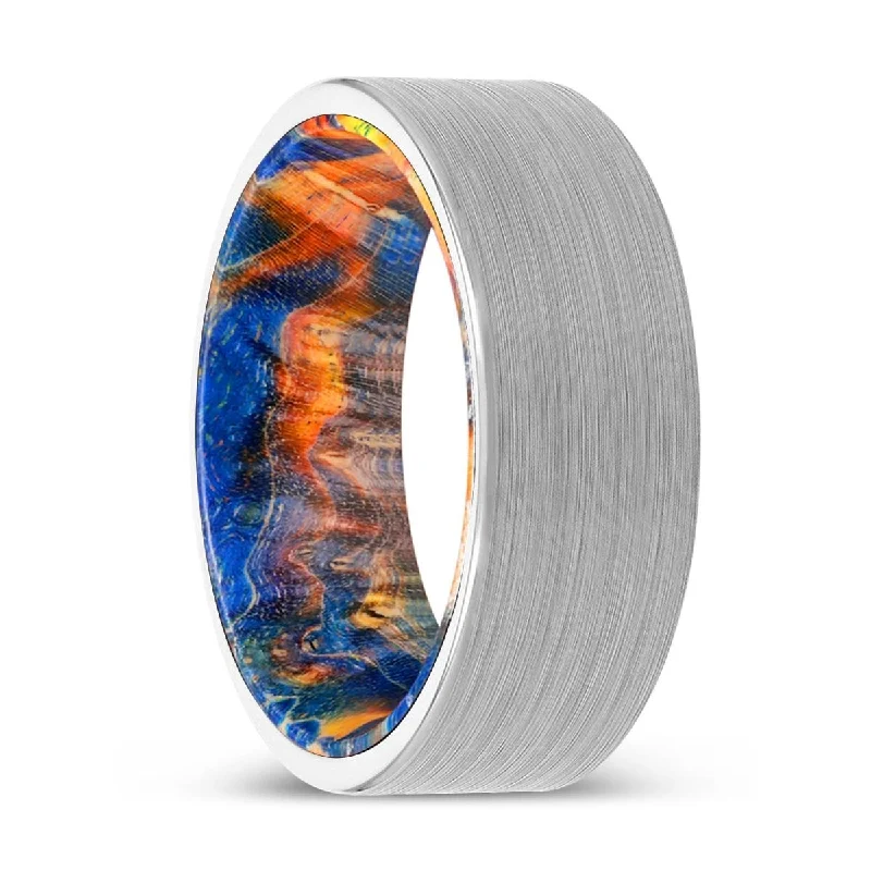 KAYLAN | Blue & Yellow/Orange Wood, White Tungsten Ring, Brushed, Flat