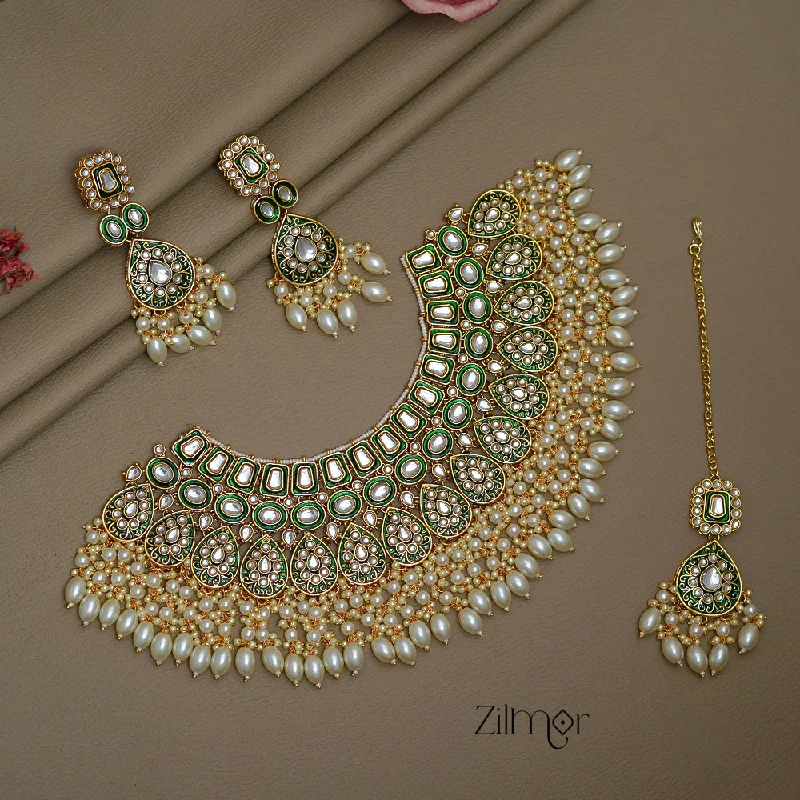 Dainty Crystal Necklace-FS1011259 - Pearl Hanging Bridal Polki Kundan Necklace Earrings with Maangtikka