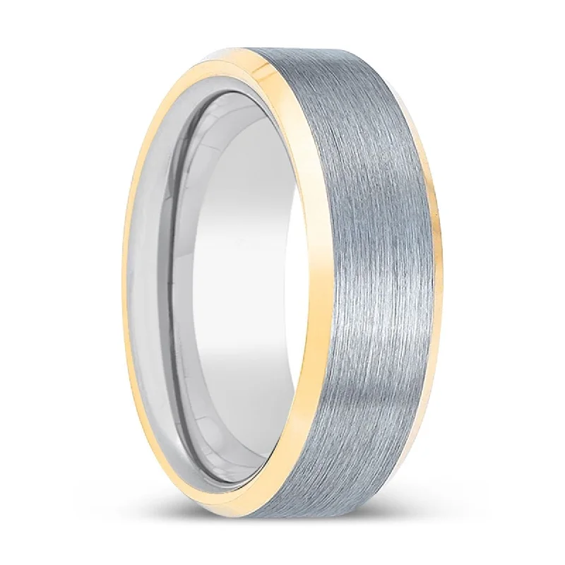 VETRAN | Silver Ring, Brushed, Silver Tungsten Ring, Gold Beveled Edges