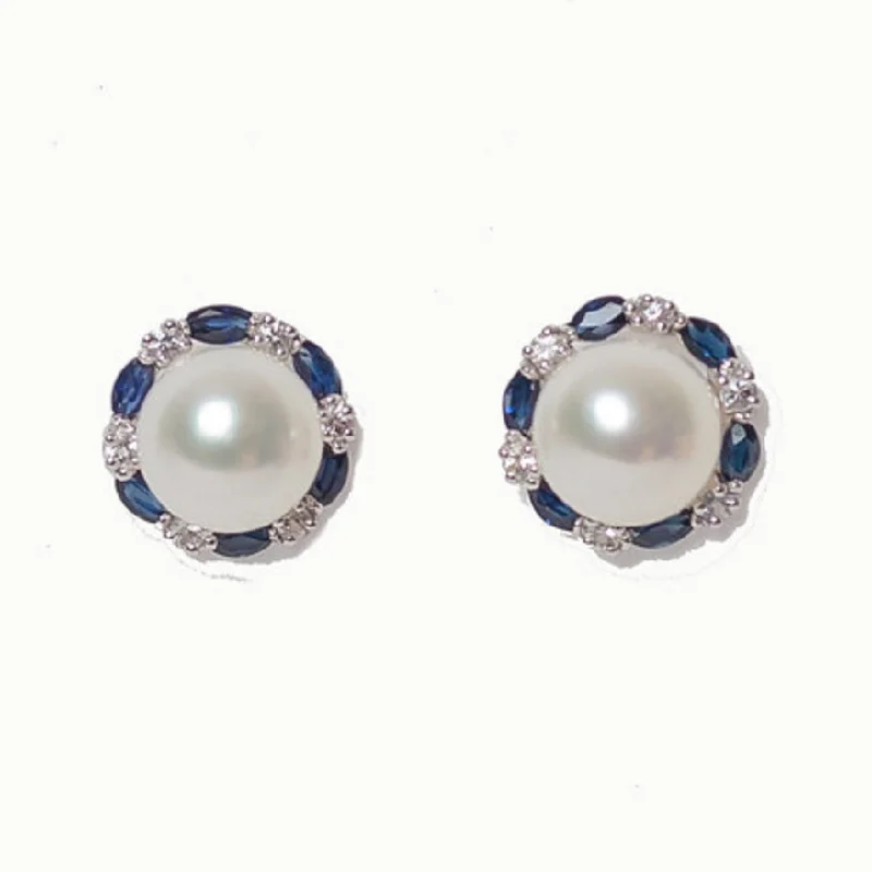 Cute Flower Earrings-White Gold - Mother of Pearl with Sapphires & White Sapphires