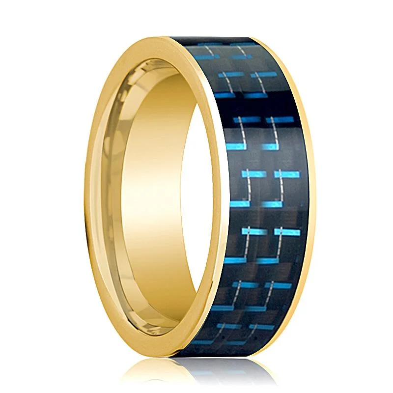 Men's Polished 14k Yellow Gold Flat Wedding Band with Black & Blue Carbon Fiber Inlay - 8MM