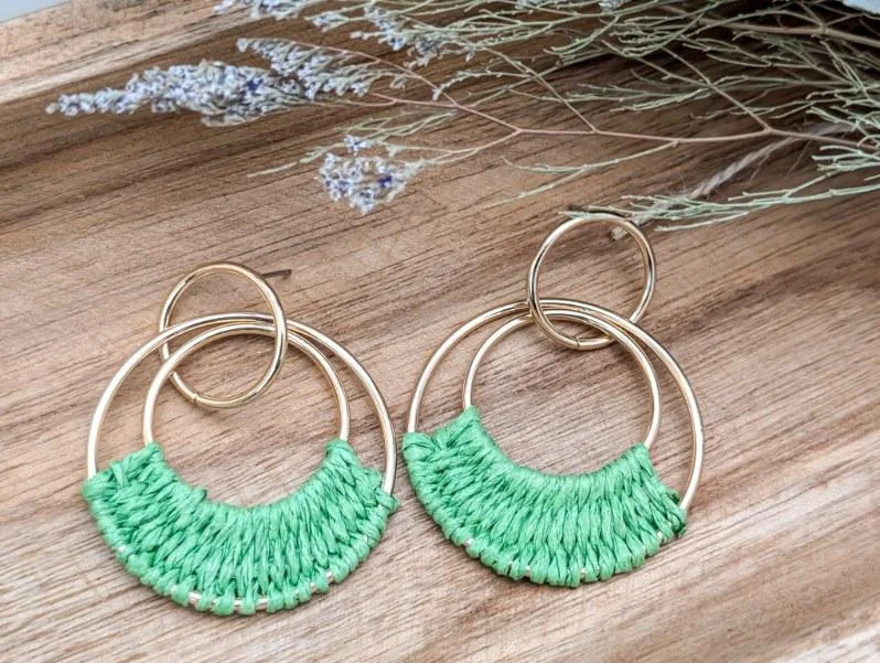 Antique Silver Earrings-Beautiful Green Raffia Hoop Earrings