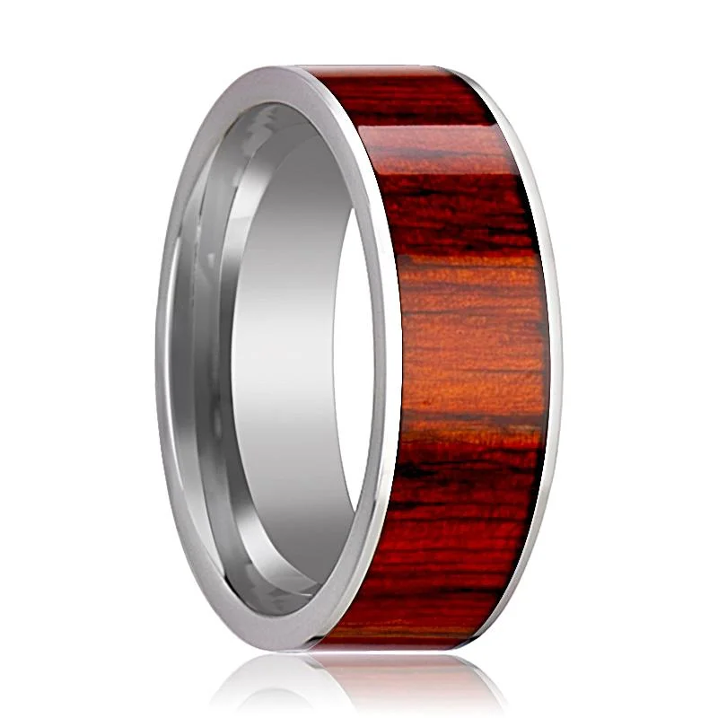 CLAYMORE | Silver Tungsten Ring, Exotic Padauk Wood Inlay, Flat