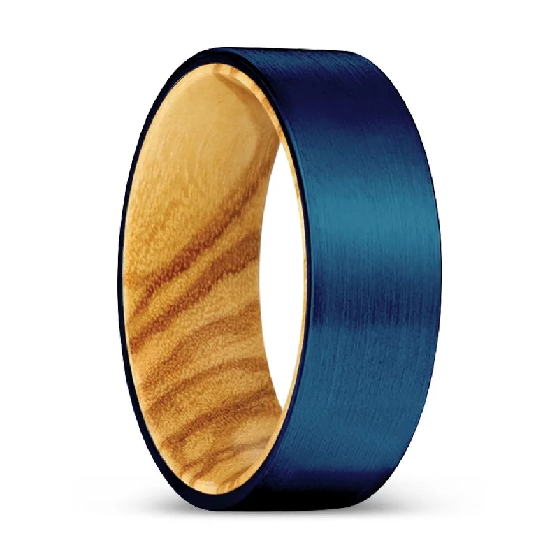 ZIGZAG | Olive Wood, Blue Tungsten Ring, Brushed, Flat