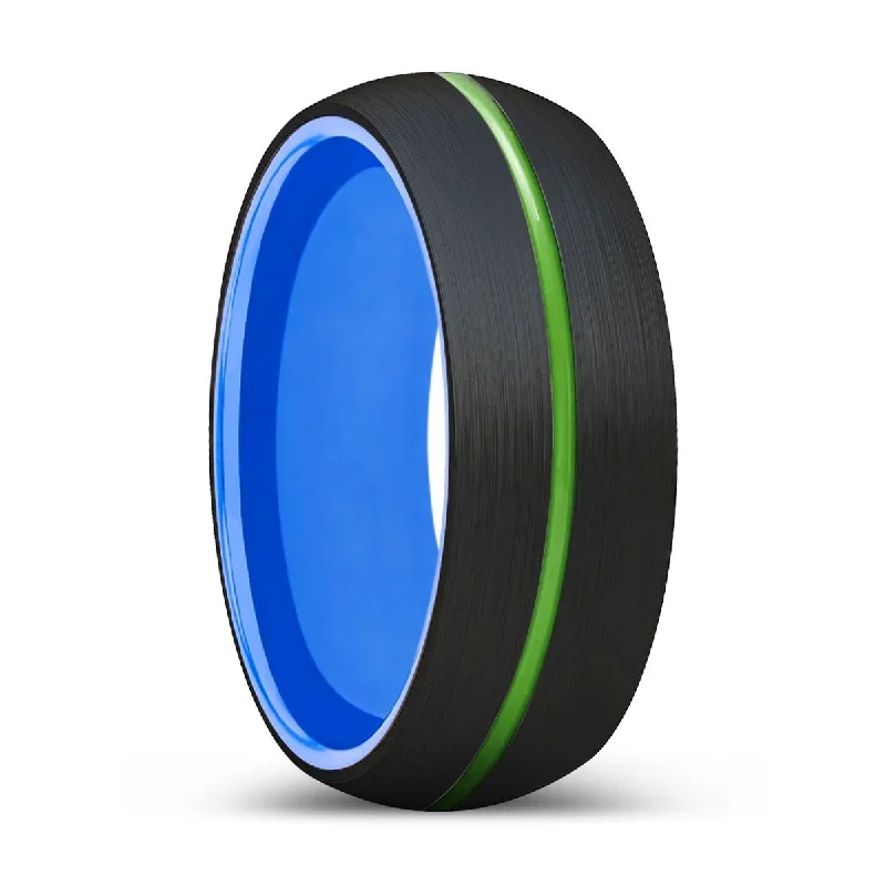 TUMBLE | Blue Ring, Black Tungsten Ring, Green Groove, Domed